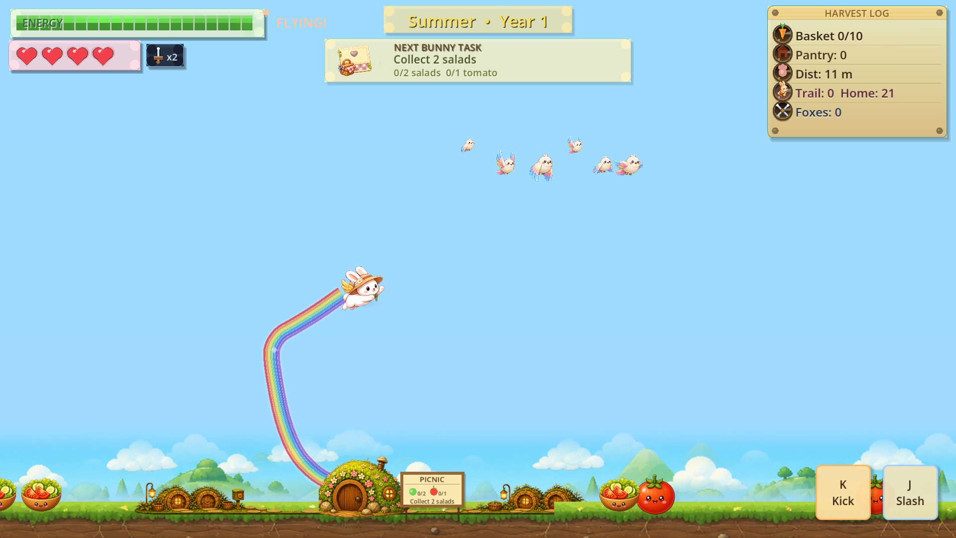 The bunny flying through a summer sky on a curling rainbow